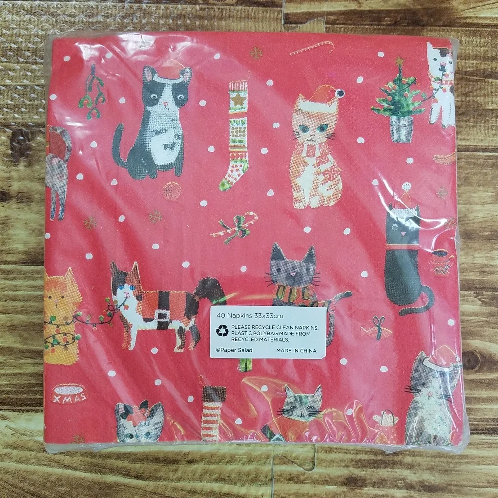 Paper Salad Glick Red Christmas Cat Print Paper Napkins 33x33 cm NWT Holiday